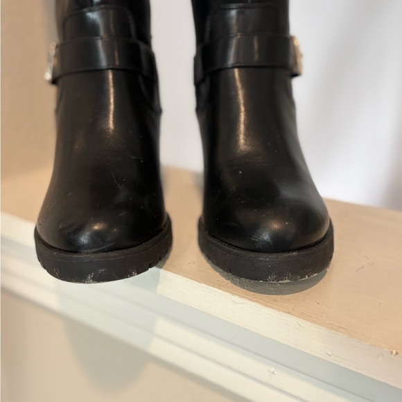 MySoft Heeled Boots Stacked Heel Black Gold Buckles Womens Size 7 Worn Once - Picture 9 of 11